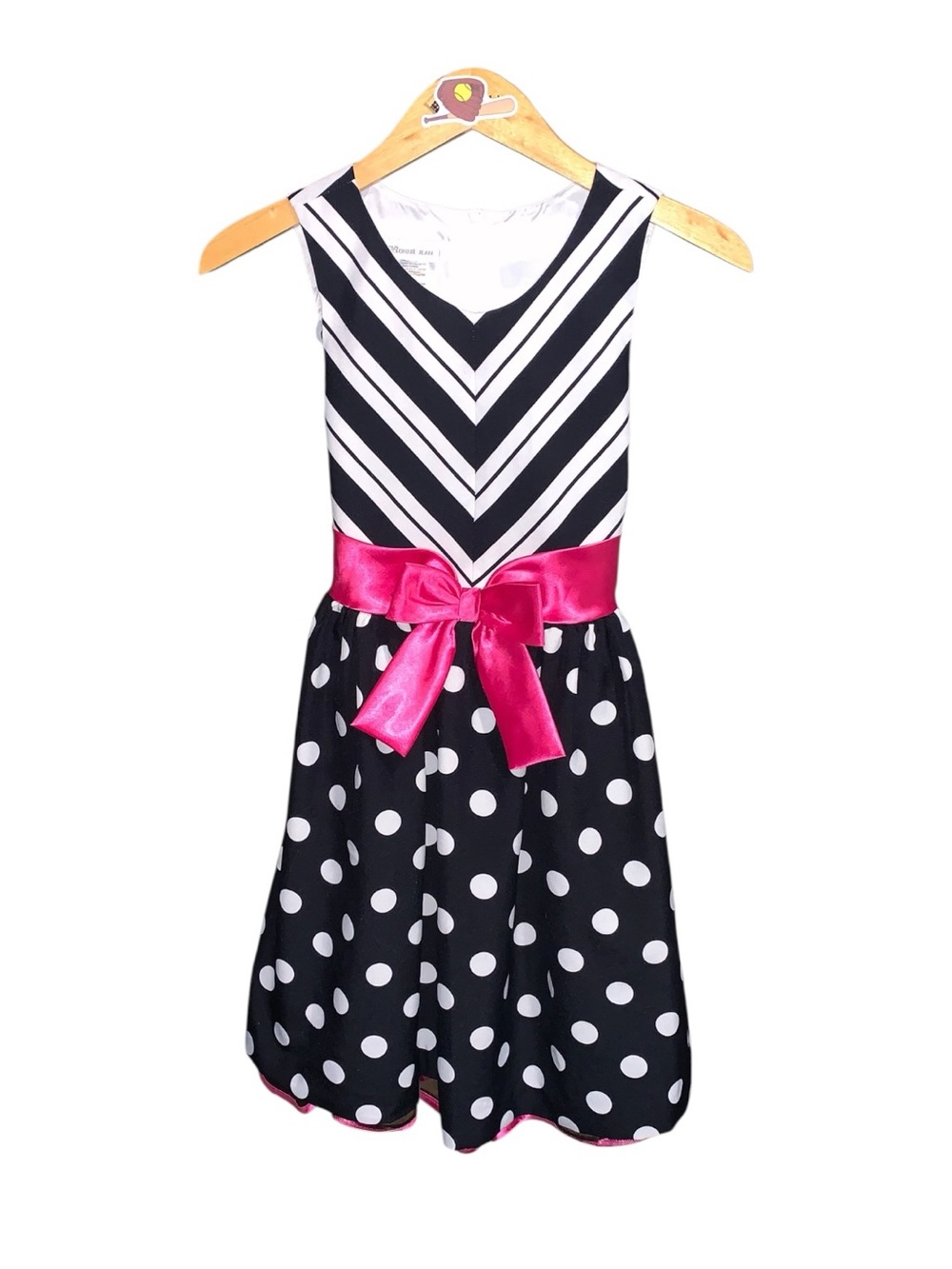 Bonnie Jean Black & White Polka Dot Dress with Pink Sash Chevron Sleeveless